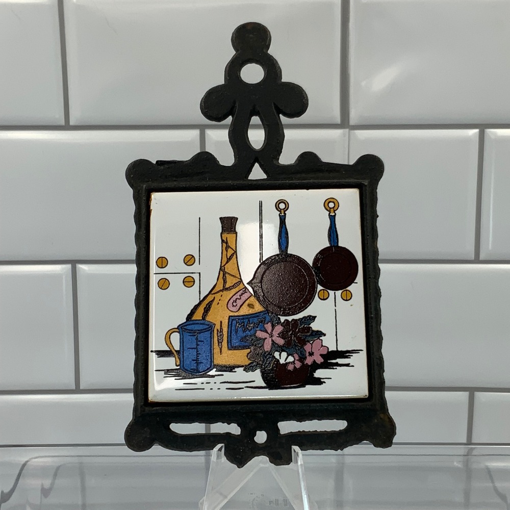 Vintage San-Huan Cast Iron Ceramic Tile Trivet Kitchen Wall Decor Still Life